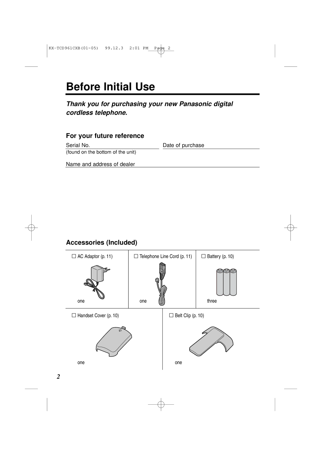 Panasonic KX-TCD961CXB Before Initial Use, Serial No Date of purchase, Name and address of dealer, AC Adaptor p 