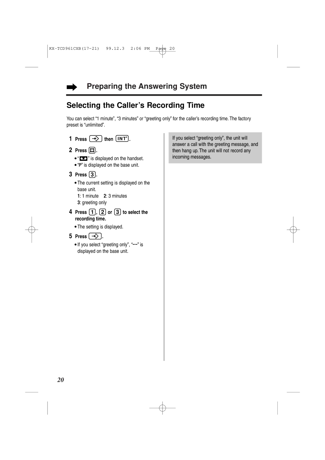 Panasonic KX-TCD961CXB operating instructions Minutes, Greeting only, Recording time 