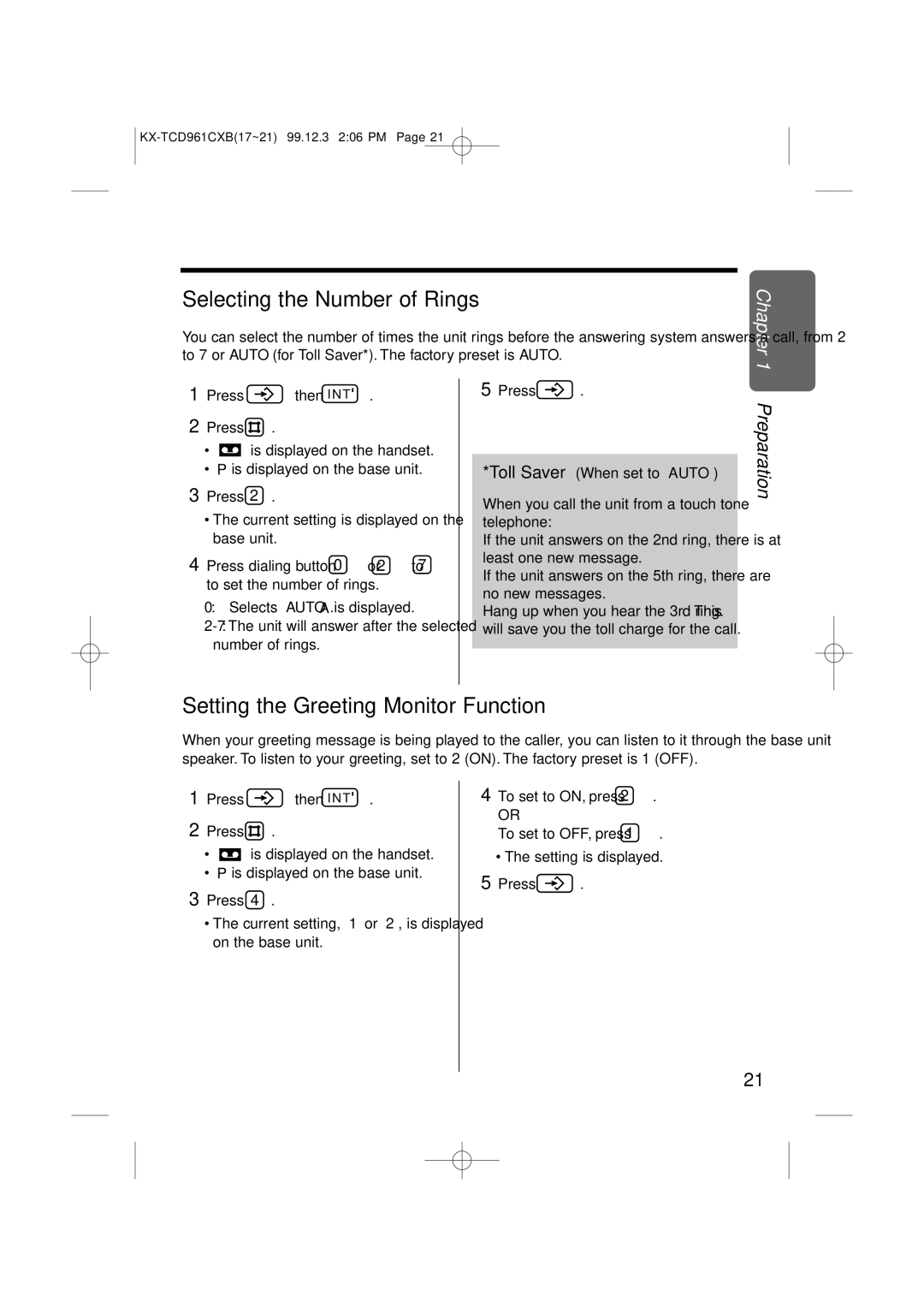 Panasonic KX-TCD961CXB operating instructions Selecting the Number of Rings, Setting the Greeting Monitor Function 