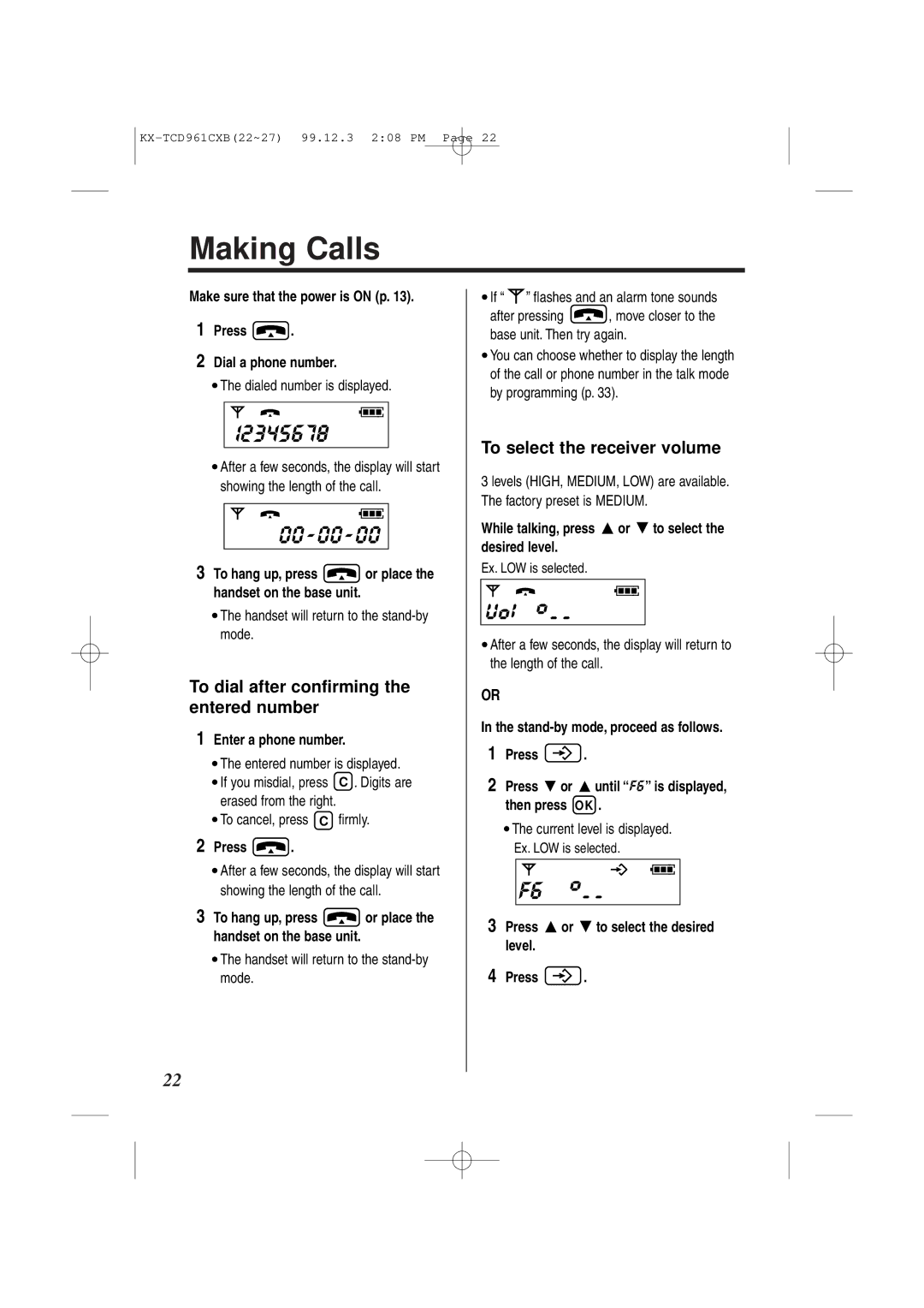 Panasonic KX-TCD961CXB operating instructions Making Calls, I2345678, 00 00, To dial after confirming the entered number 