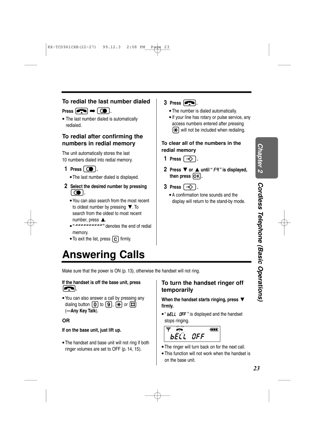 Panasonic KX-TCD961CXB Answering Calls, To redial the last number dialed, To turn the handset ringer off temporarily 