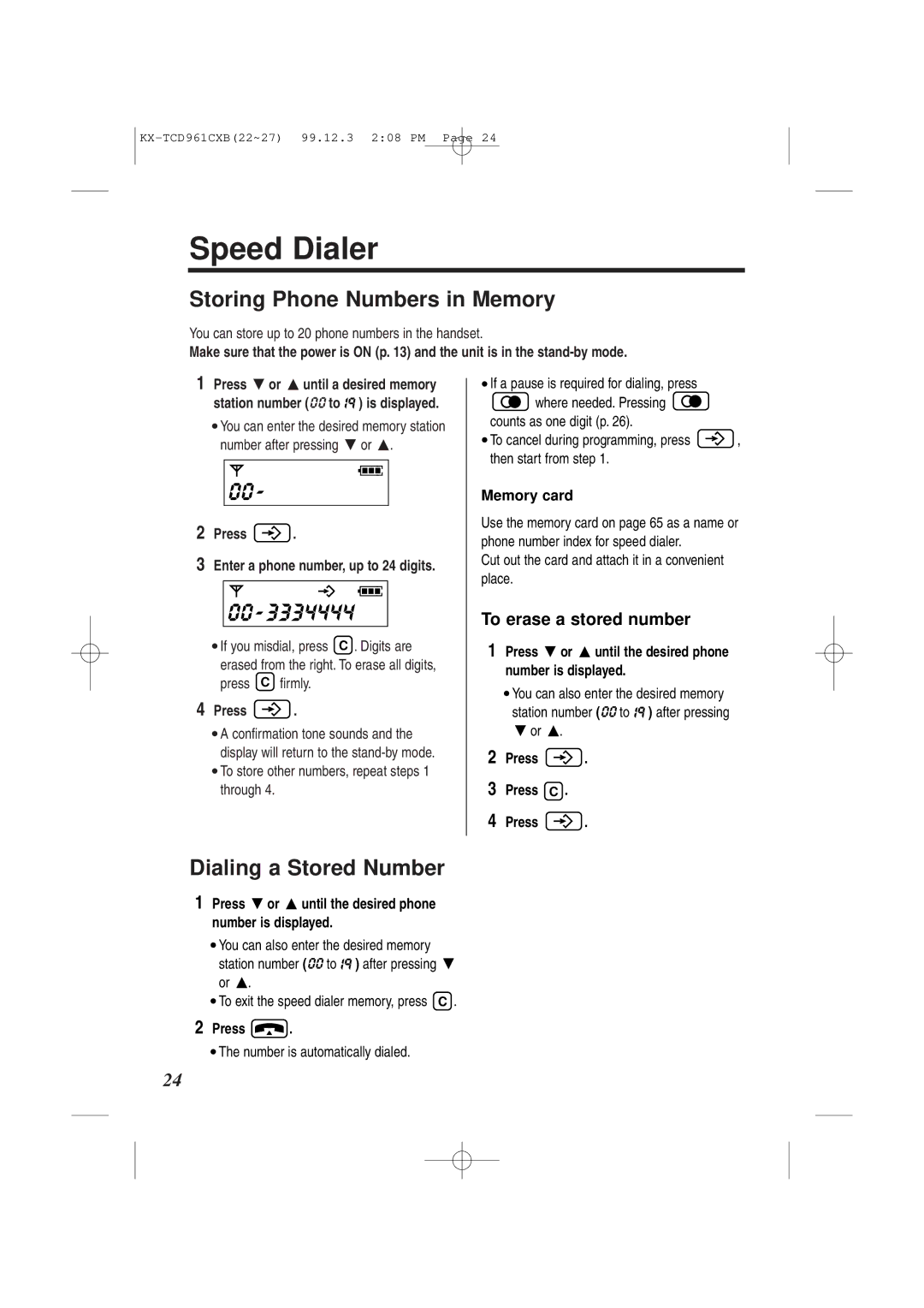 Panasonic KX-TCD961CXB Speed Dialer, Storing Phone Numbers in Memory, Dialing a Stored Number, To erase a stored number 