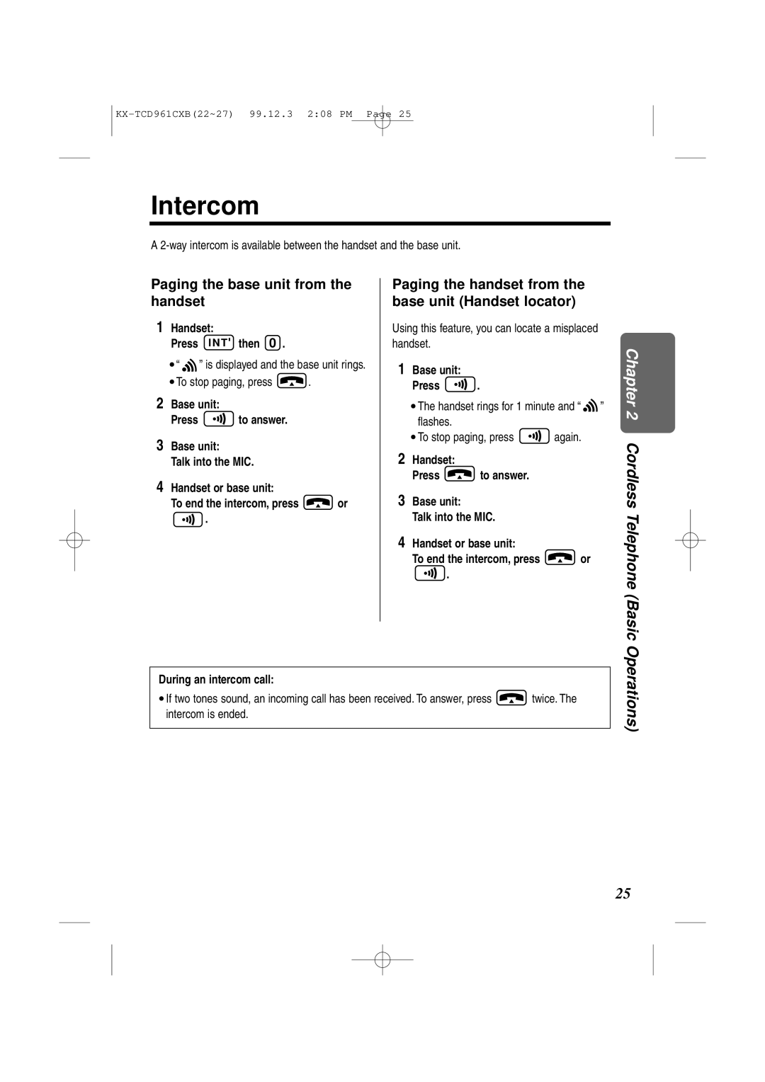 Panasonic KX-TCD961CXB operating instructions Intercom, Paging the base unit from the handset 