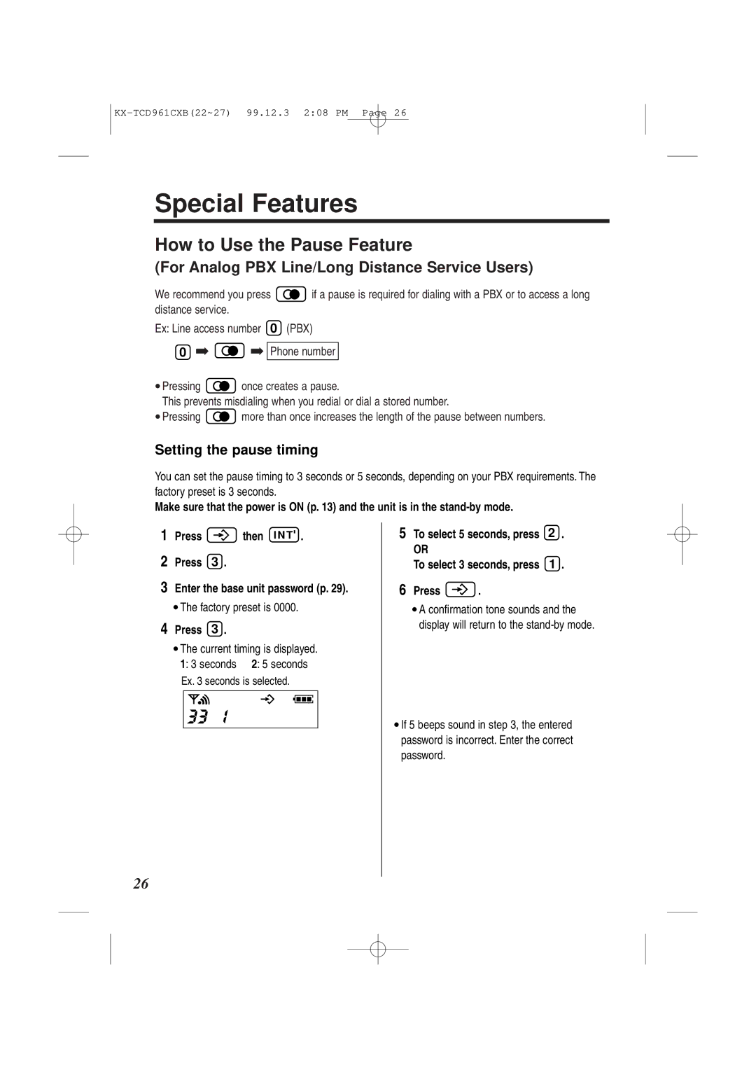 Panasonic KX-TCD961CXB operating instructions Special Features, How to Use the Pause Feature, Setting the pause timing 