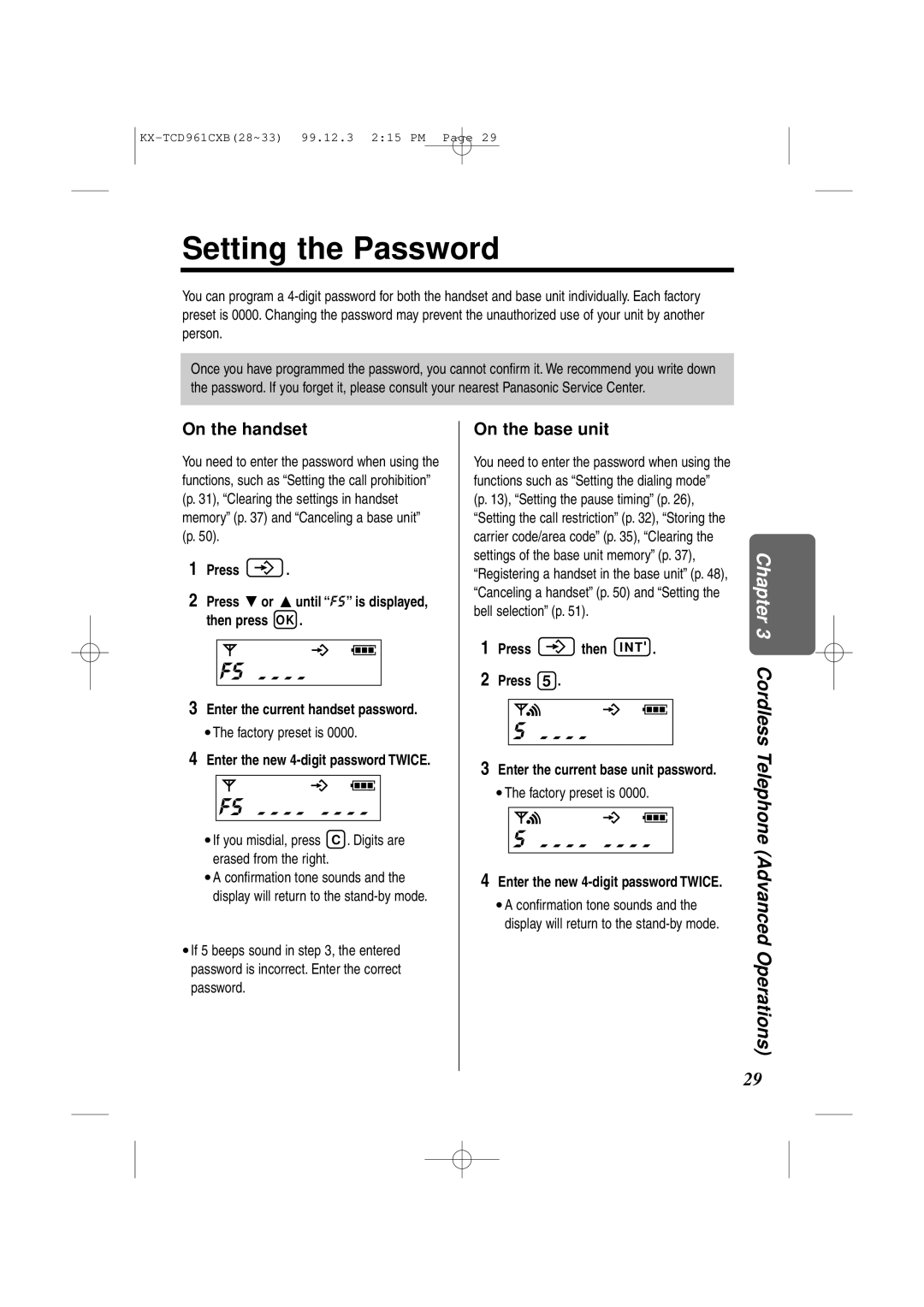 Panasonic KX-TCD961CXB operating instructions Setting the Password, F5o - - o 