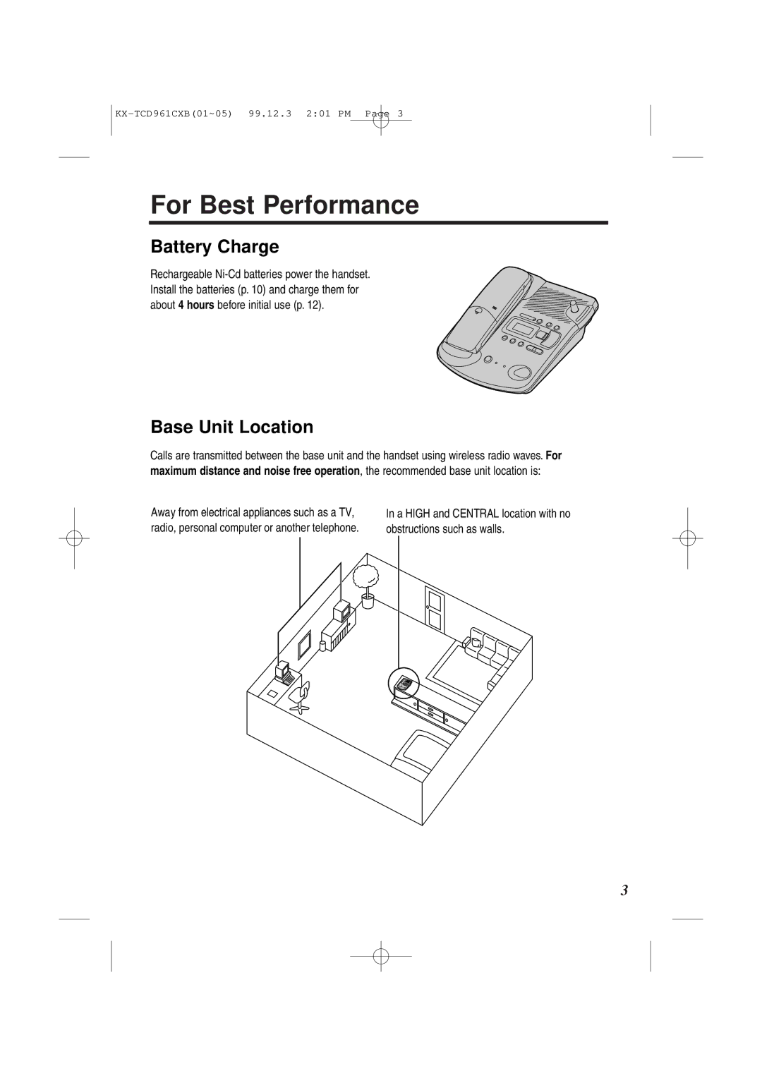 Panasonic KX-TCD961CXB For Best Performance, Battery Charge, Base Unit Location, Obstructions such as walls 