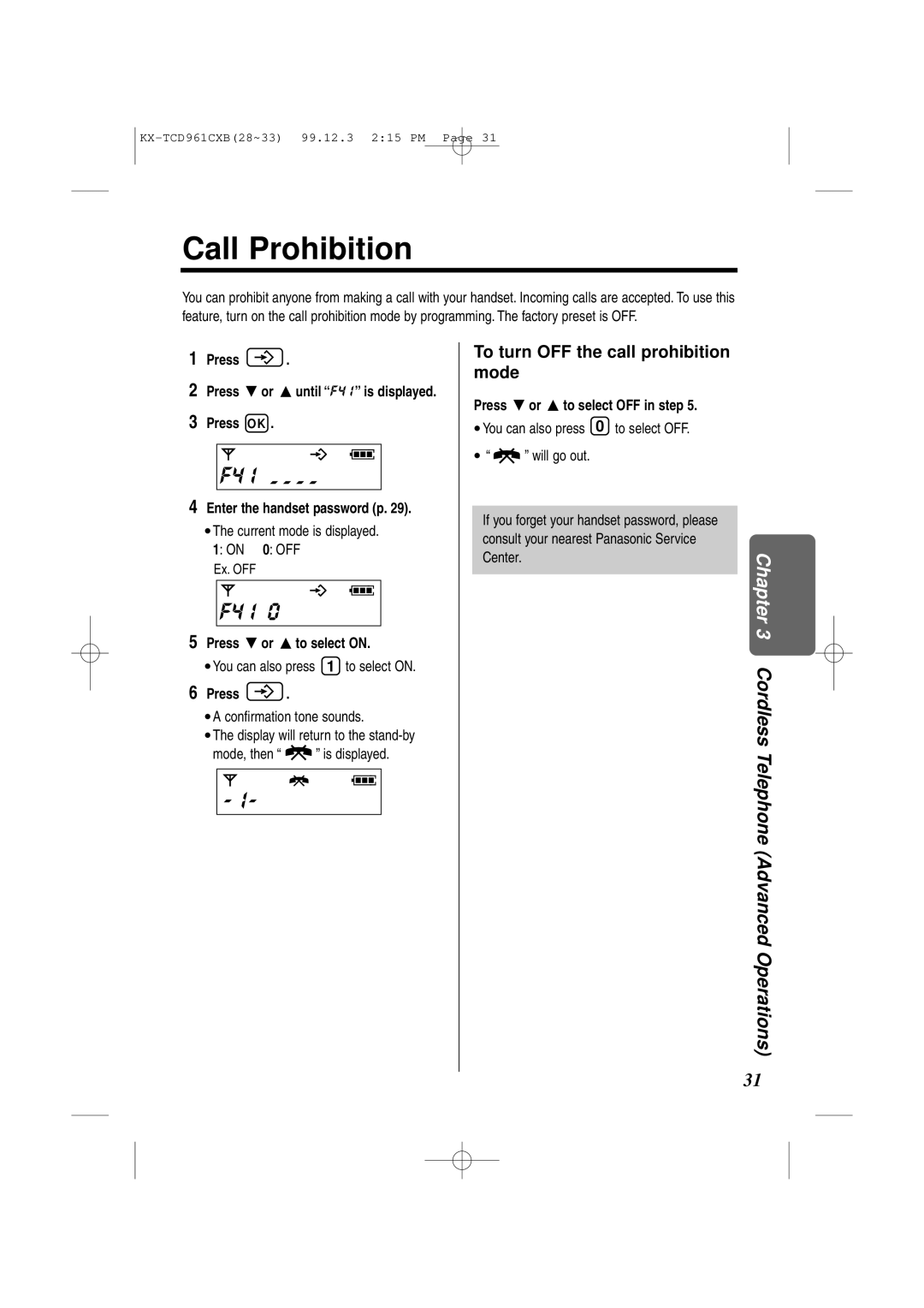 Panasonic KX-TCD961CXB operating instructions Call Prohibition, F4 Io, F4 IO0, To turn OFF the call prohibition mode 