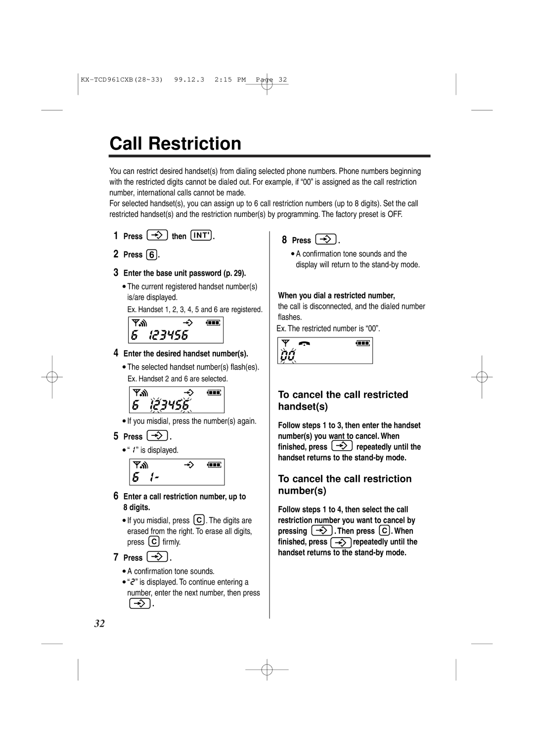 Panasonic KX-TCD961CXB operating instructions Call Restriction, I23456, To cancel the call restricted handsets 