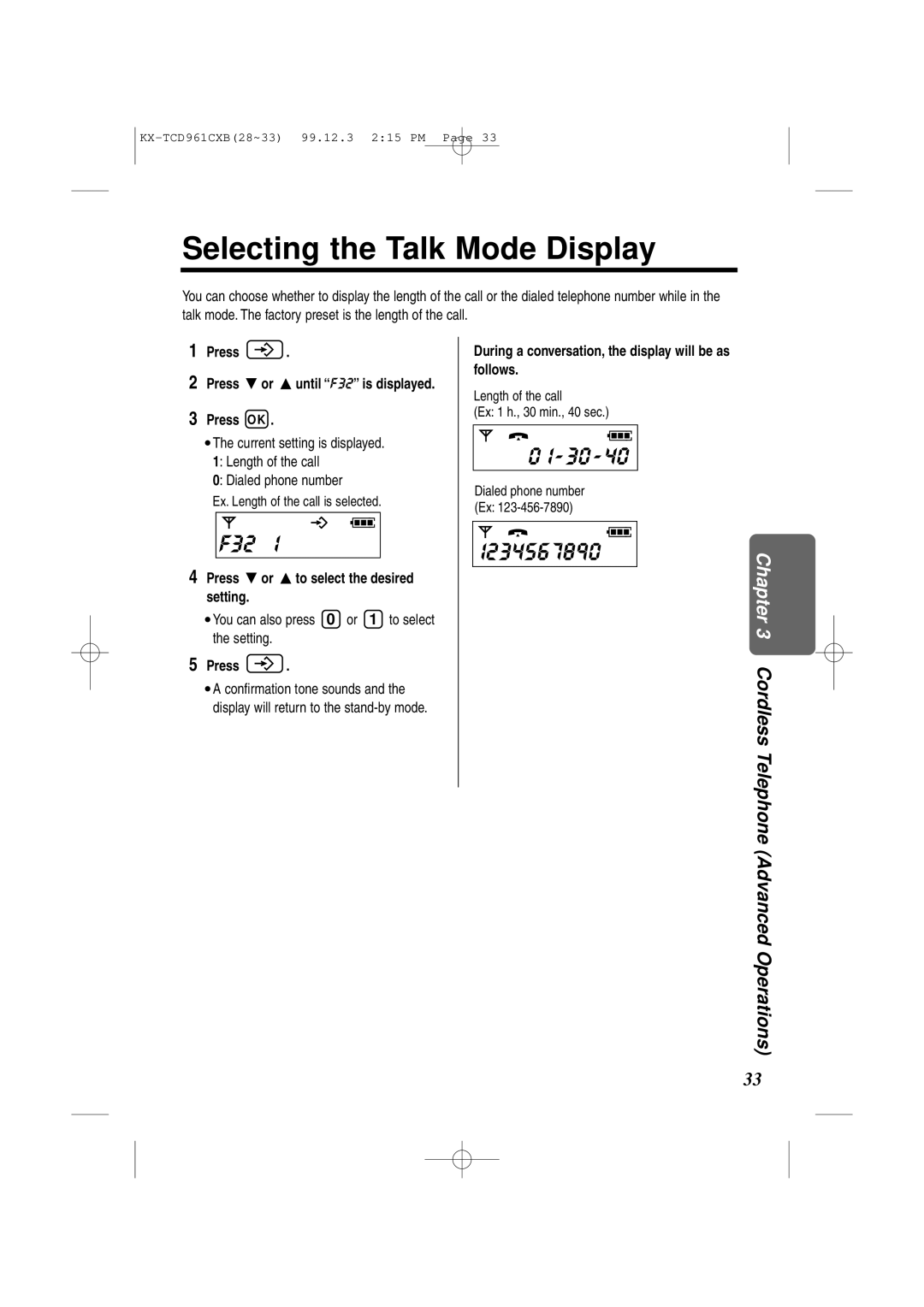 Panasonic KX-TCD961CXB Selecting the Talk Mode Display, F32U, Press G or F to select the desired setting 