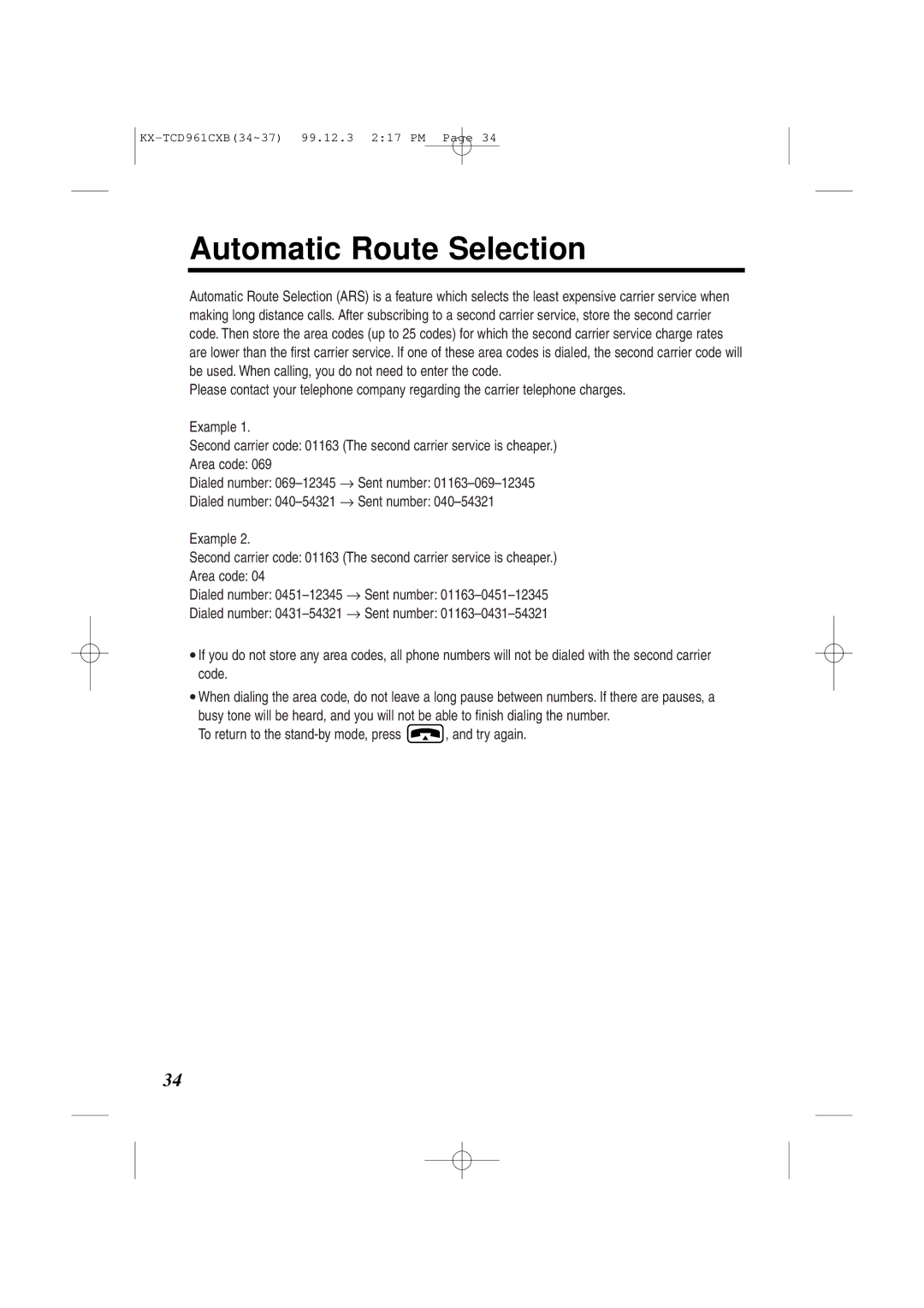 Panasonic KX-TCD961CXB operating instructions Automatic Route Selection 