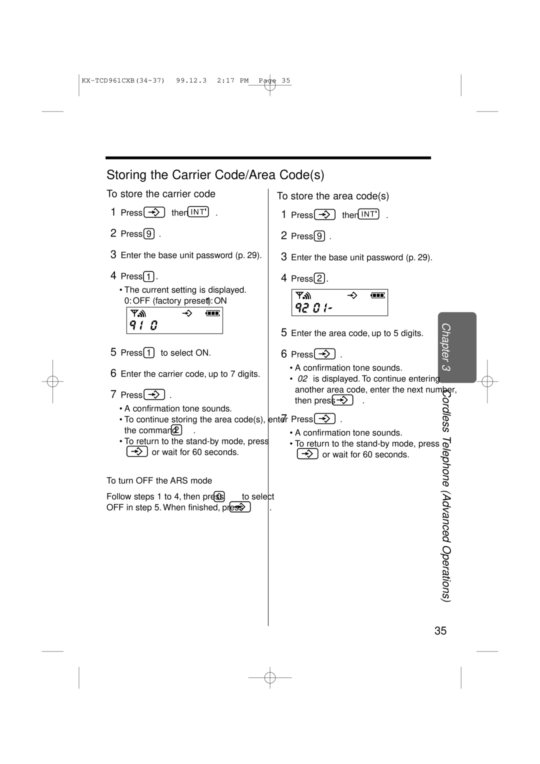 Panasonic KX-TCD961CXB Storing the Carrier Code/Area Codes, To store the carrier code, To store the area codes 