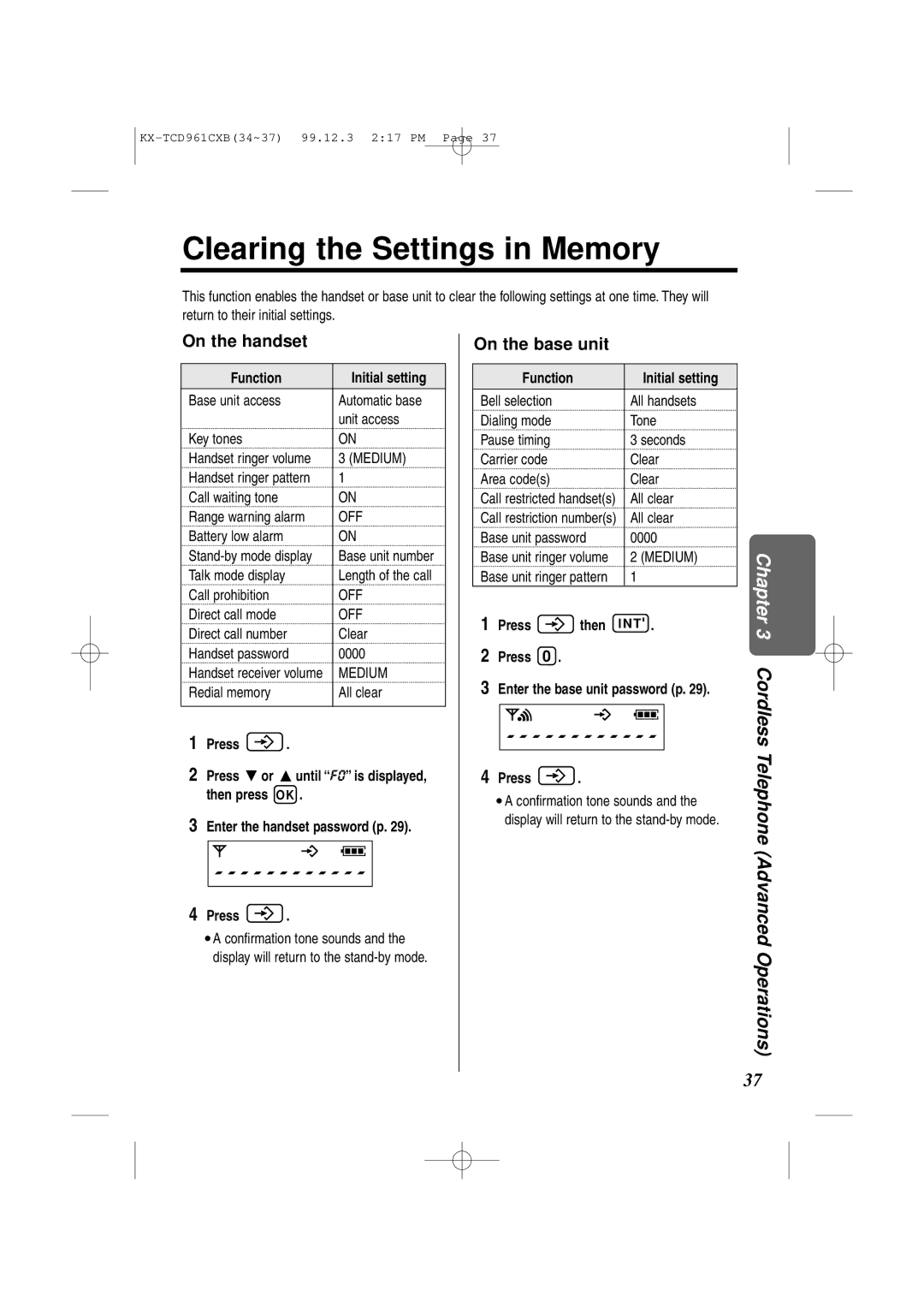 Panasonic KX-TCD961CXB operating instructions Clearing the Settings in Memory, Function 