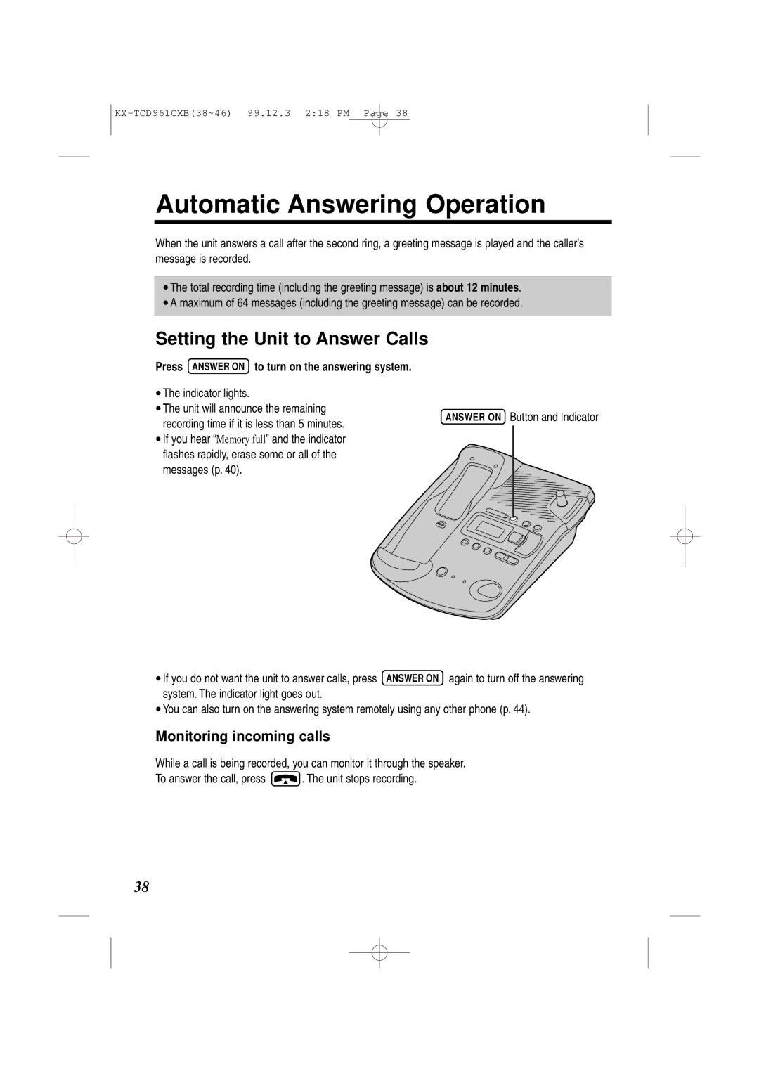 Panasonic KX-TCD961CXB Automatic Answering Operation, Setting the Unit to Answer Calls, Monitoring incoming calls 