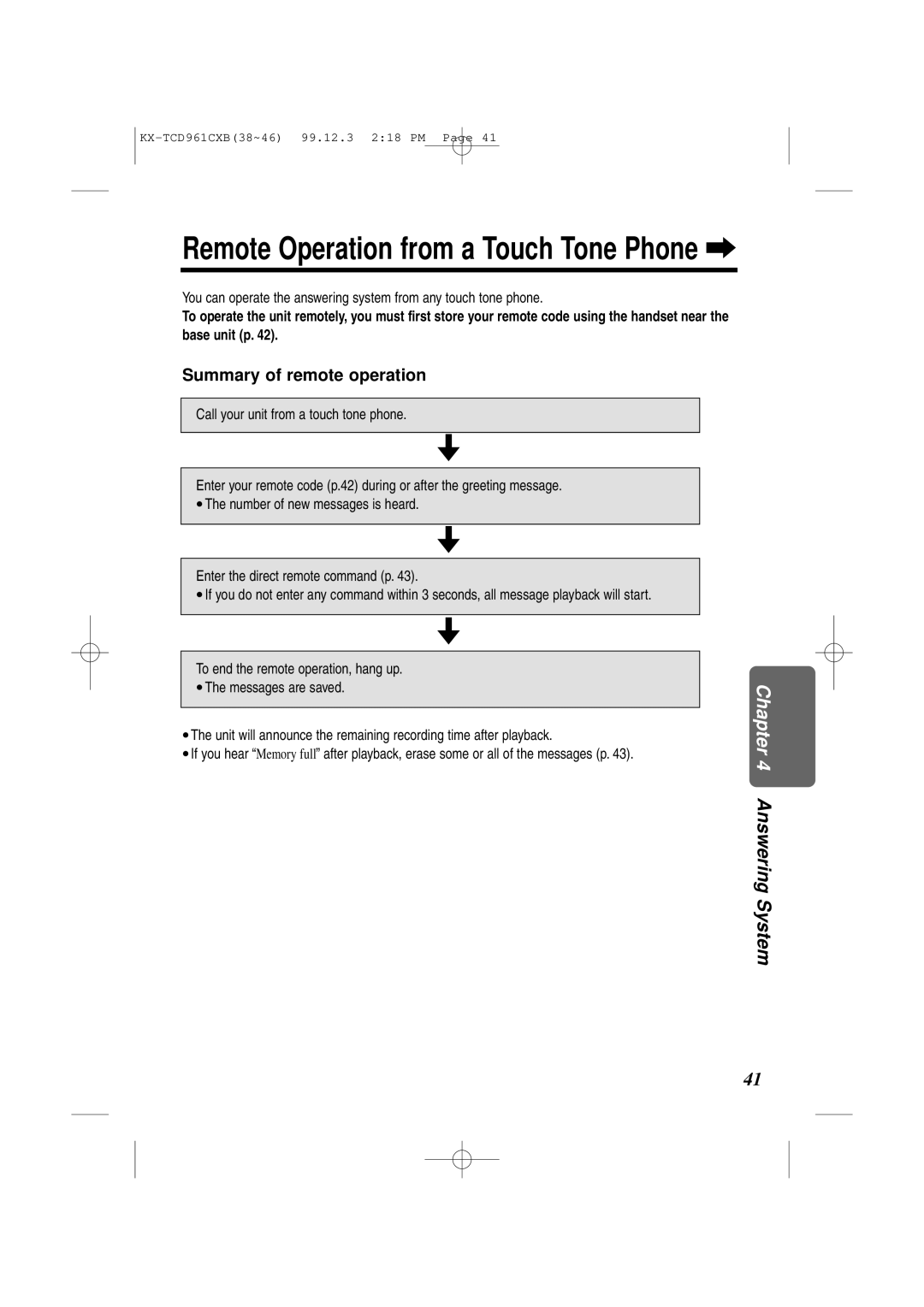 Panasonic KX-TCD961CXB operating instructions Remote Operation from a Touch Tone Phone, Summary of remote operation 