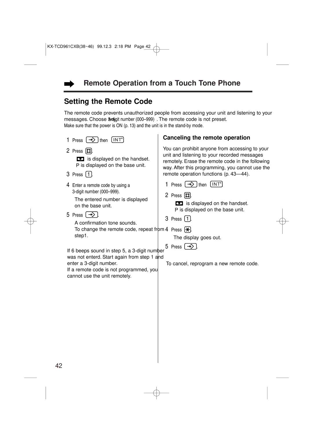 Panasonic KX-TCD961CXB Canceling the remote operation, Display goes out, To cancel, reprogram a new remote code 