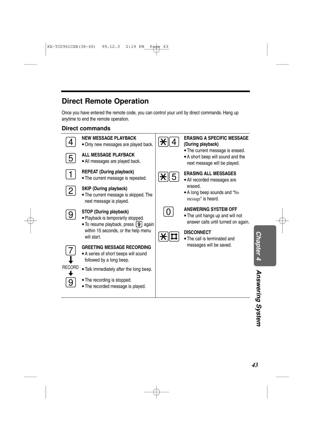 Panasonic KX-TCD961CXB operating instructions Direct Remote Operation, Direct commands 