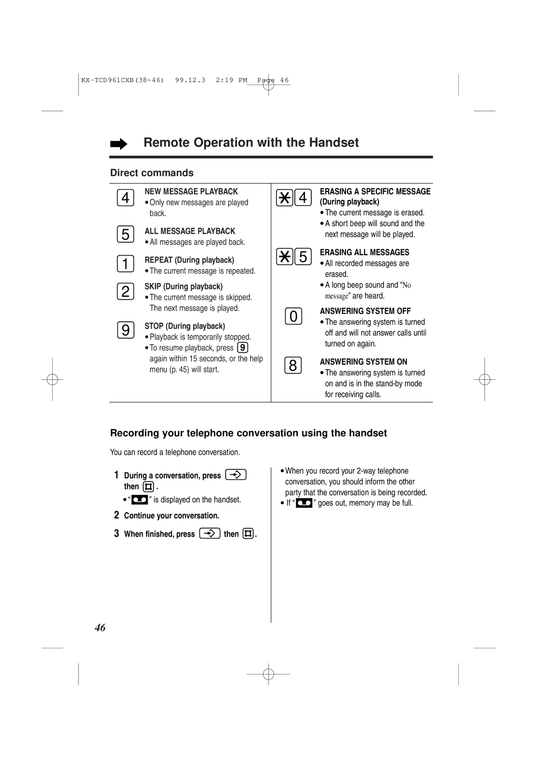 Panasonic KX-TCD961CXB Remote Operation with the Handset, Recording your telephone conversation using the handset 