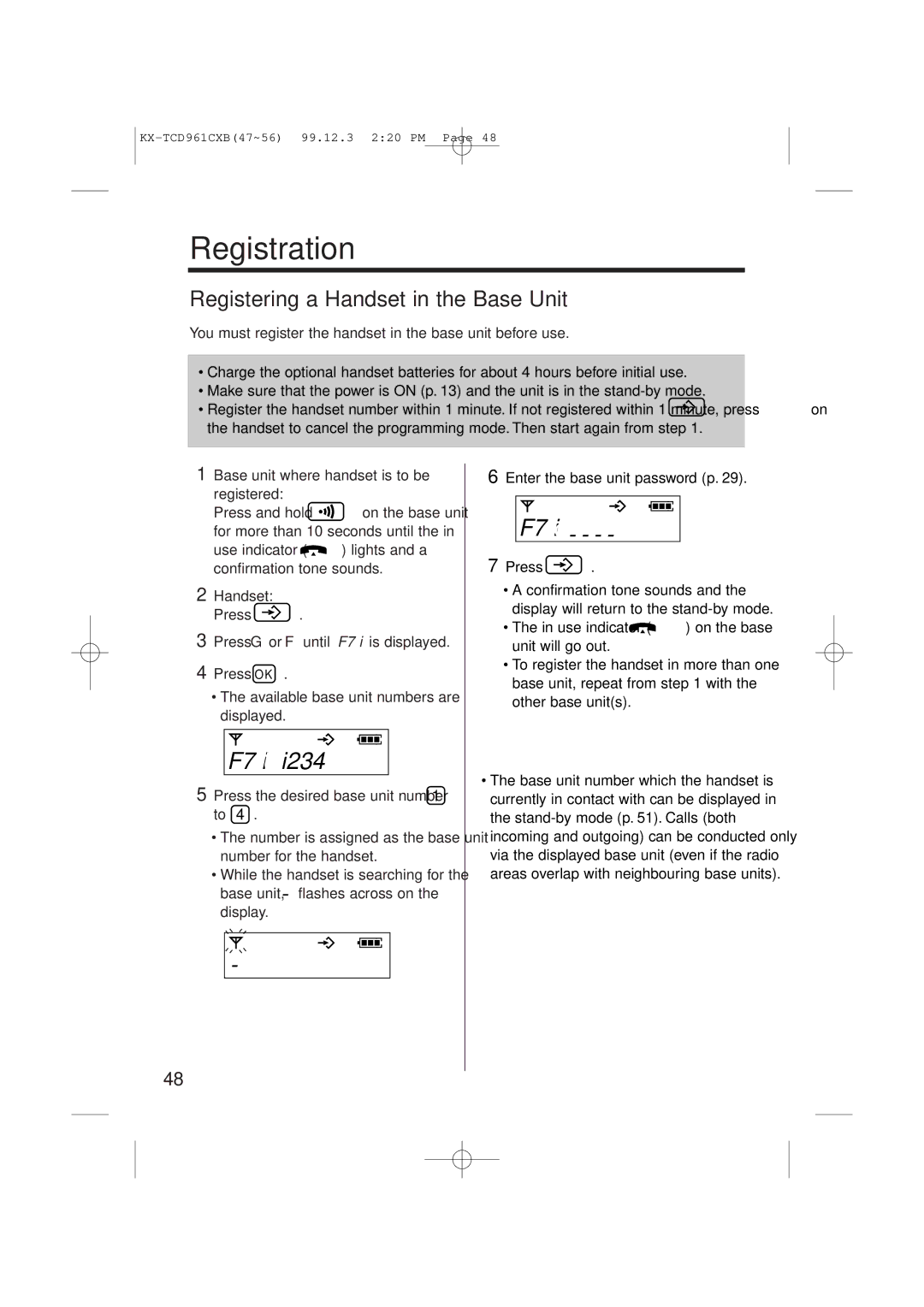 Panasonic KX-TCD961CXB operating instructions Registration, F7 i, Registering a Handset in the Base Unit 