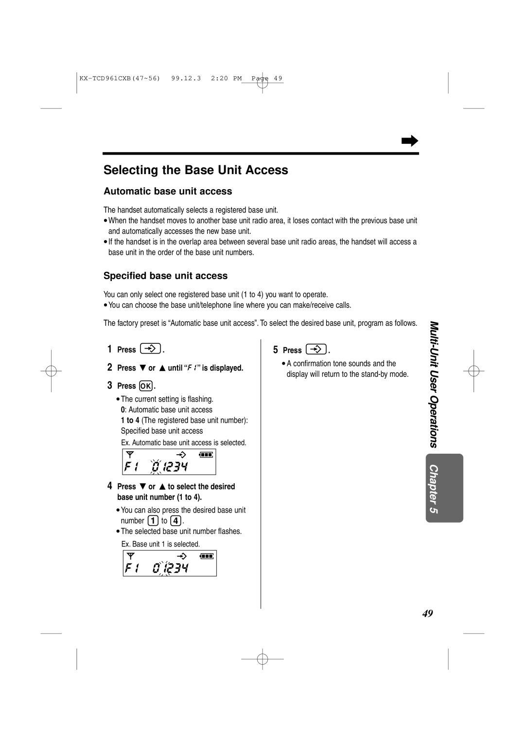 Panasonic KX-TCD961CXB I000, Selecting the Base Unit Access, Automatic base unit access, Specified base unit access 