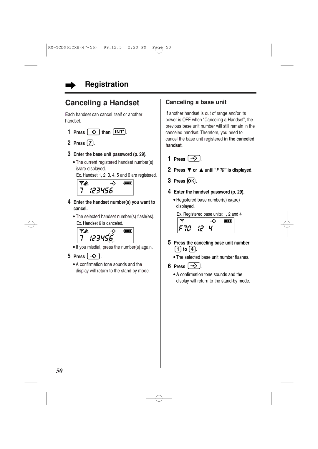 Panasonic KX-TCD961CXB operating instructions F70 i2, Registration Canceling a Handset, Canceling a base unit 