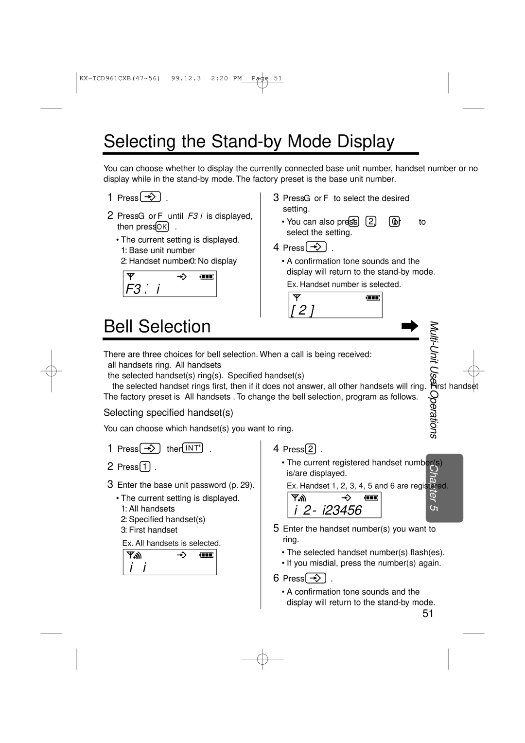 Panasonic KX-TCD961CXB Selecting the Stand-by Mode Display, Bell Selection, F3 i0, Iu2, Selecting specified handsets 