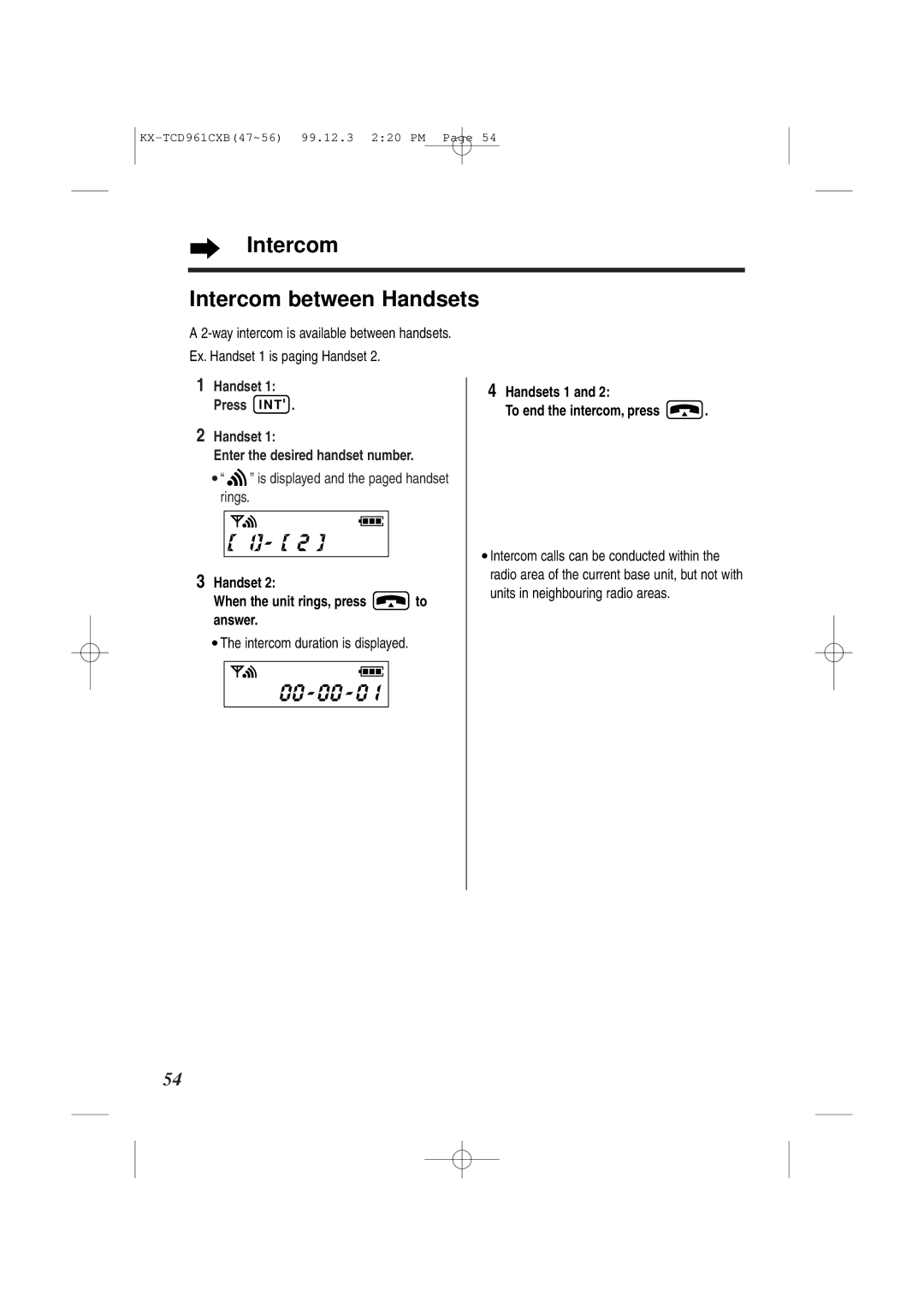 Panasonic KX-TCD961CXB 00 00 0, Intercom Intercom between Handsets, Handset 1 Press I N T Enter the desired handset number 