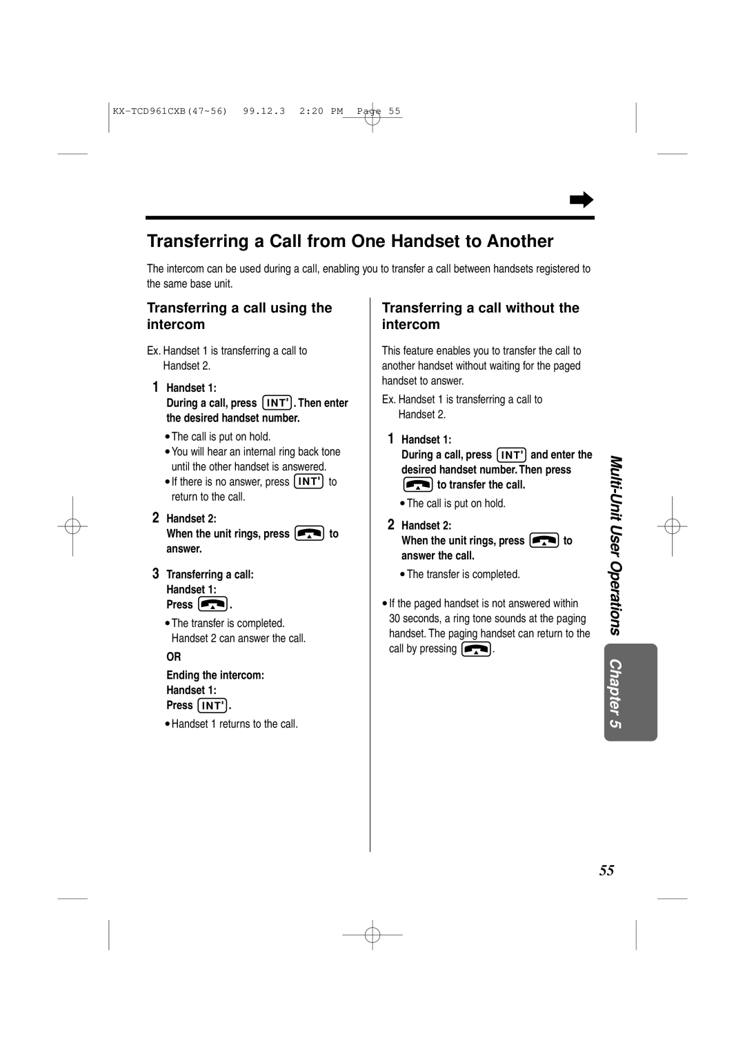 Panasonic KX-TCD961CXB Transferring a Call from One Handset to Another, Transferring a call using the intercom 