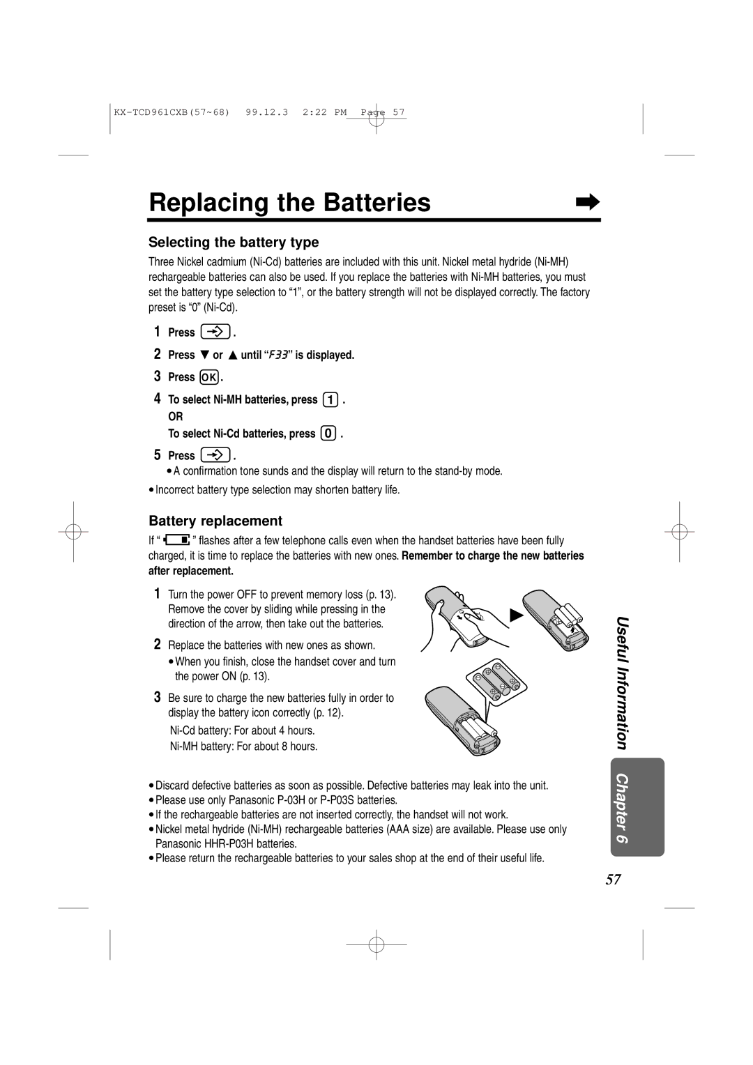 Panasonic KX-TCD961CXB Replacing the Batteries, Selecting the battery type, Battery replacement, After replacement 