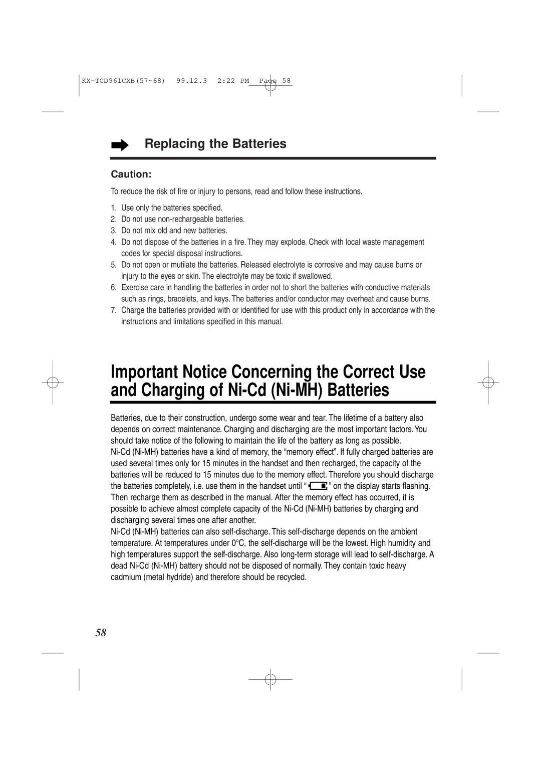 Panasonic KX-TCD961CXB operating instructions Replacing the Batteries 