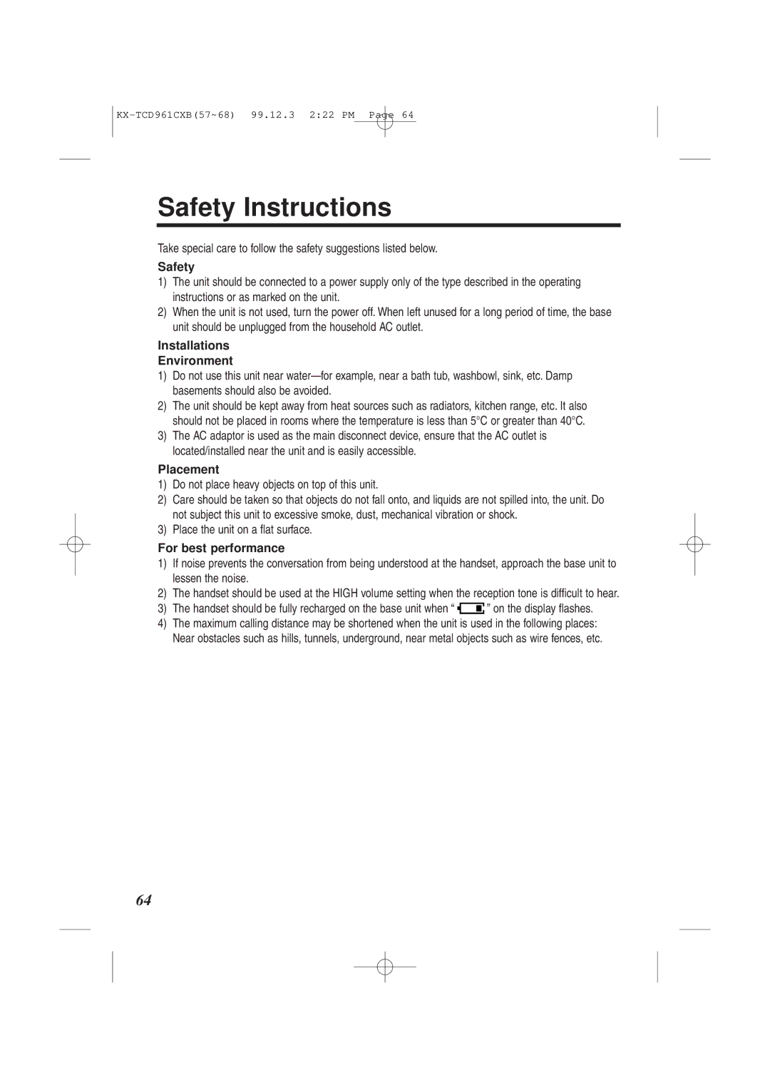 Panasonic KX-TCD961CXB Safety Instructions, Installations Environment, Placement, For best performance 