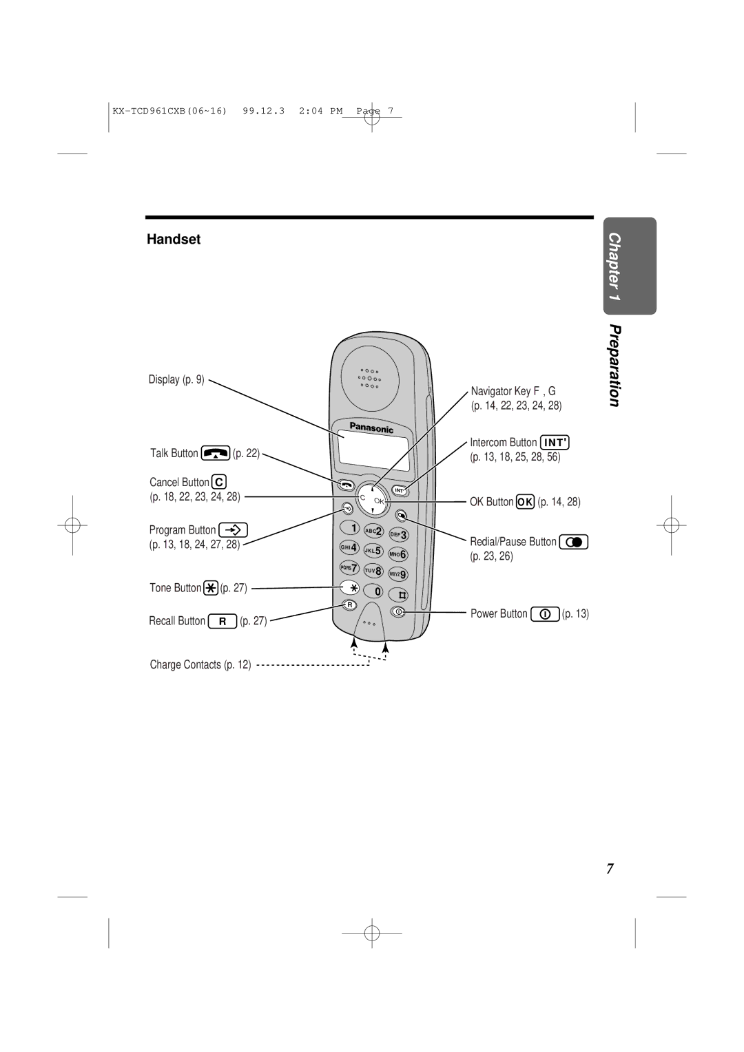 Panasonic KX-TCD961CXB operating instructions Handset, 13, 18, 24, 27, Tone Button 