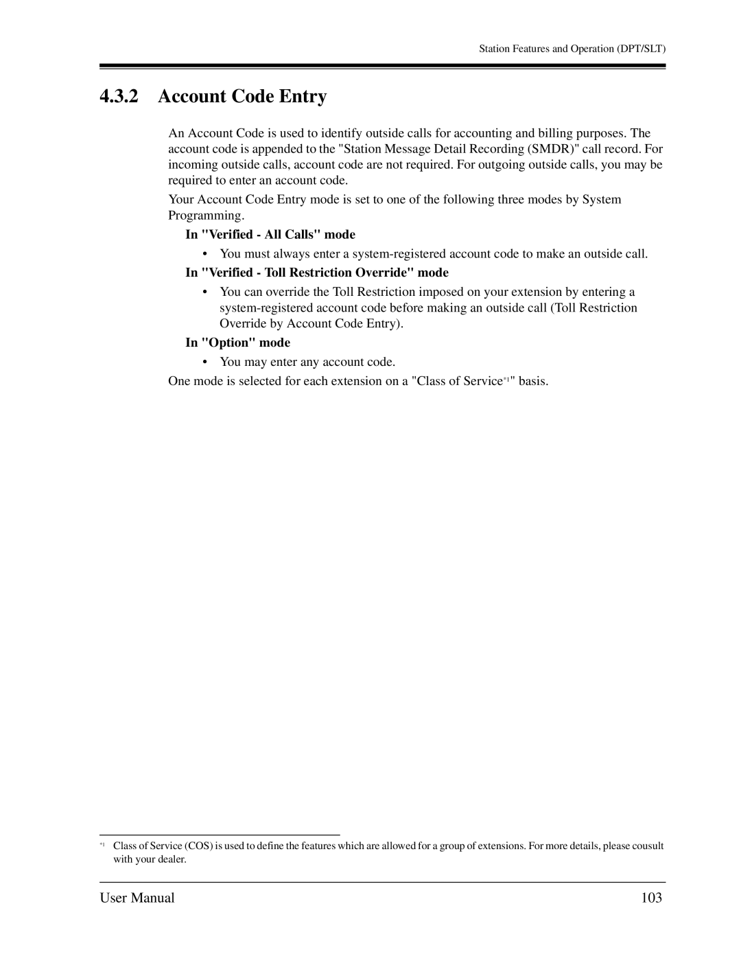 Panasonic KX-TD1232C user manual Account Code Entry, 103, Verified All Calls mode, Verified Toll Restriction Override mode 