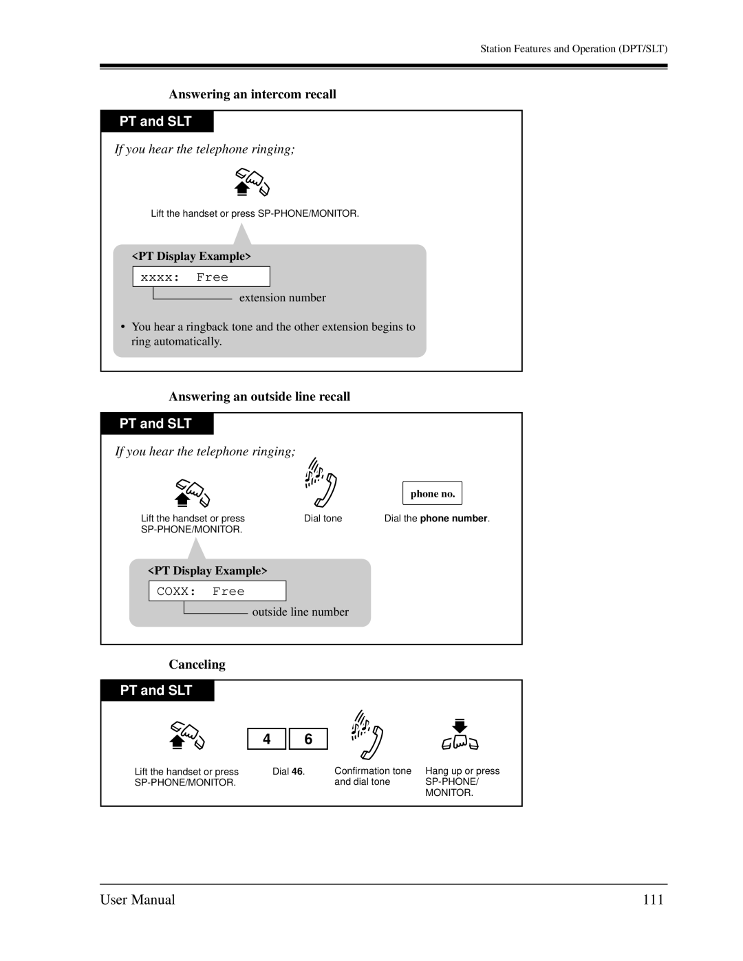 Panasonic KX-TD1232C user manual 111, Answering an intercom recall, If you hear the telephone ringing, Canceling 