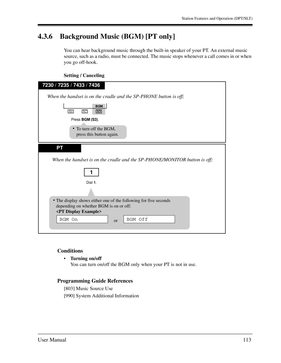 Panasonic KX-TD1232C user manual Background Music BGM PT only, 113, Setting / Canceling, BGM On BGM Off, Turning on/off 