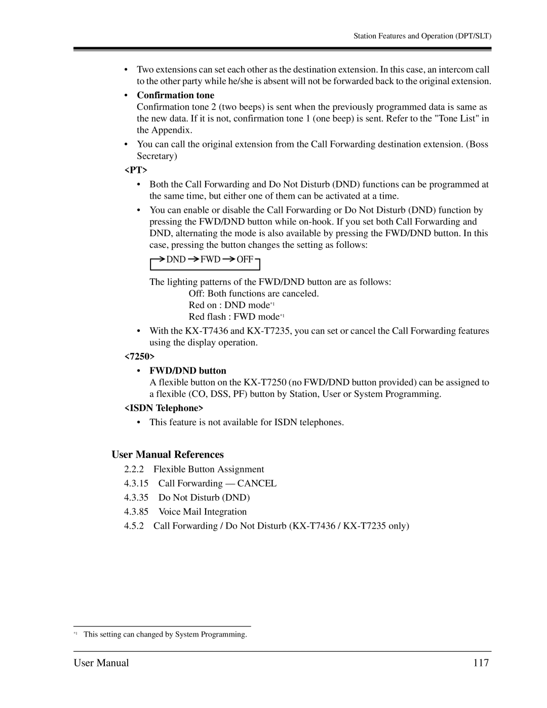 Panasonic KX-TD1232C user manual 117, Confirmation tone, 7250 FWD/DND button 