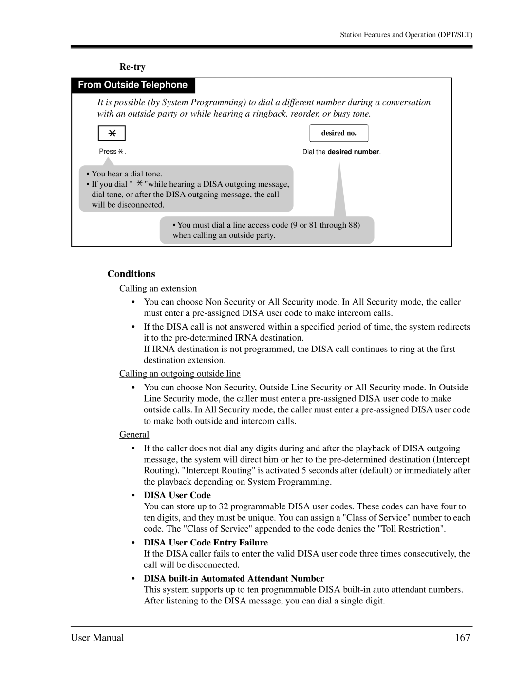 Panasonic KX-TD1232C user manual 167, Re-try, Disa User Code Entry Failure, Disa built-in Automated Attendant Number 