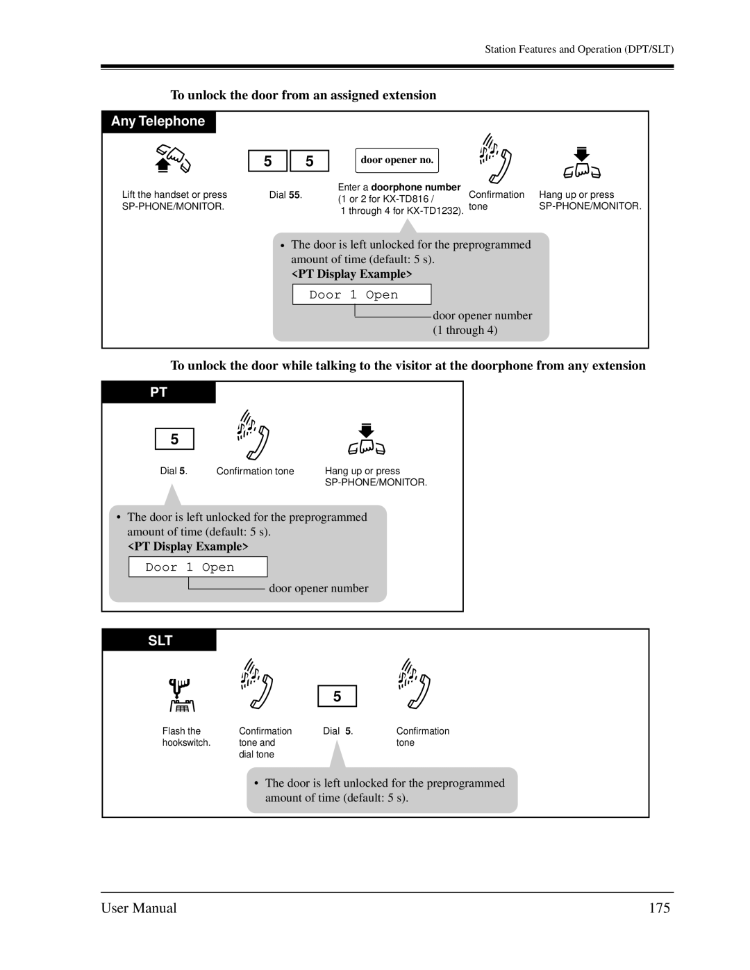 Panasonic KX-TD1232C user manual 175, To unlock the door from an assigned extension, Door 1 Open, Door opener no 