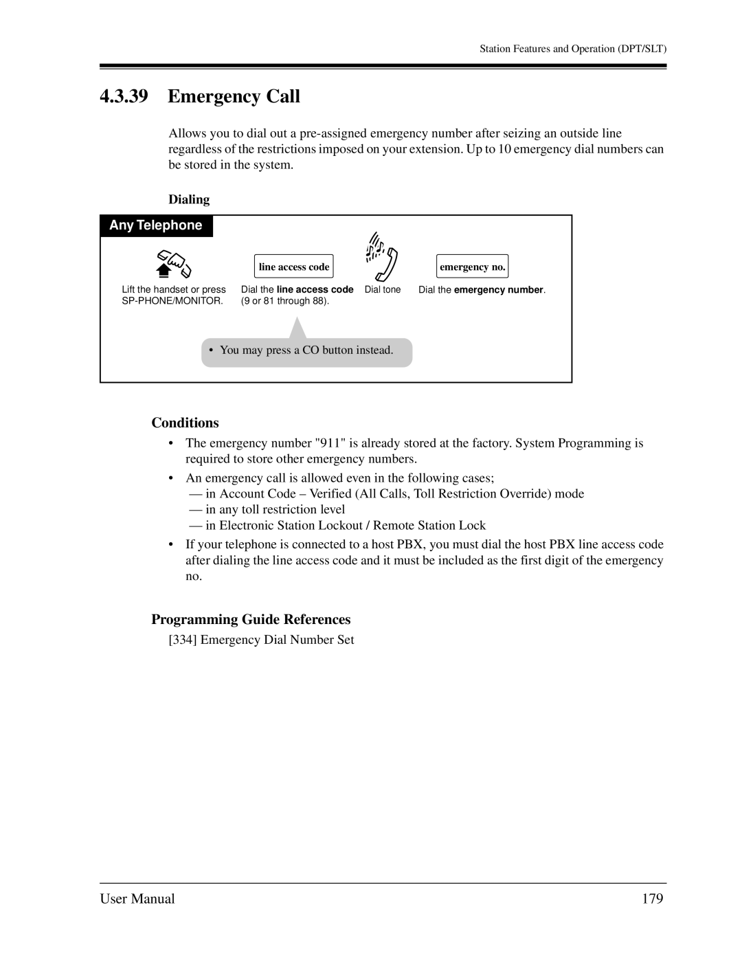 Panasonic KX-TD1232C user manual Emergency Call, 179, Dialing, Line access code Emergency no 