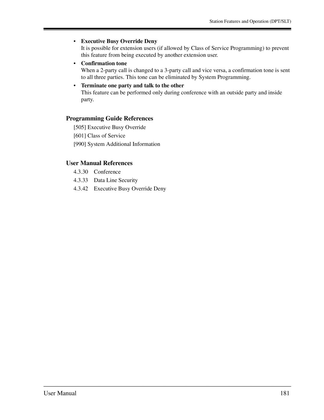 Panasonic KX-TD1232C user manual 181, Executive Busy Override Deny, Terminate one party and talk to the other 