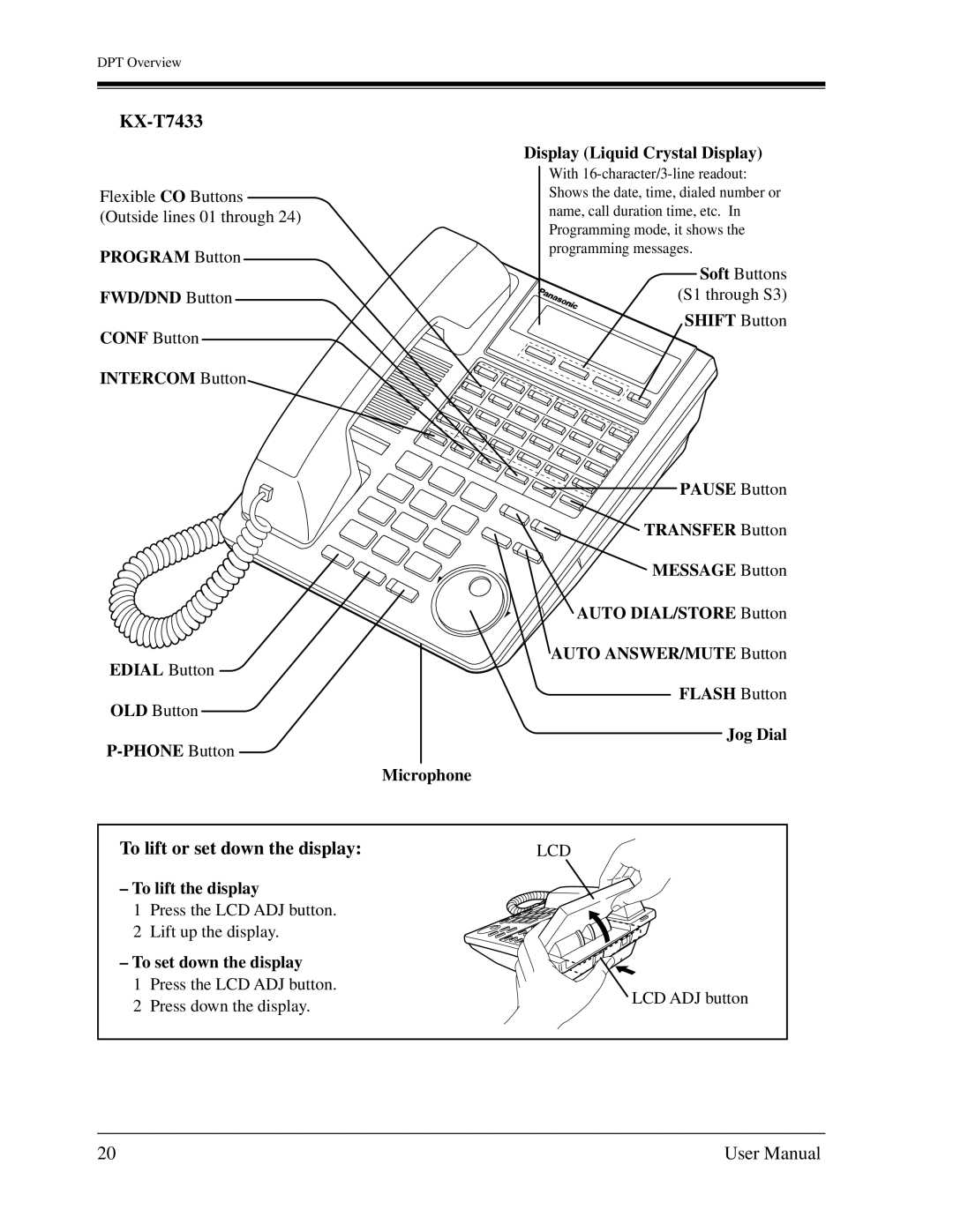 Panasonic KX-TD1232C user manual KX-T7433, To lift or set down the display 