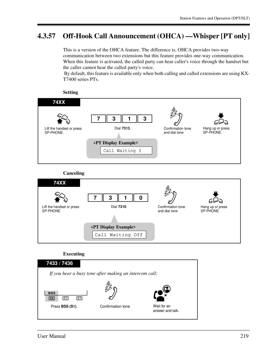 Panasonic KX-TD1232C user manual Off-Hook Call Announcement Ohca -Whisper PT only, 219 