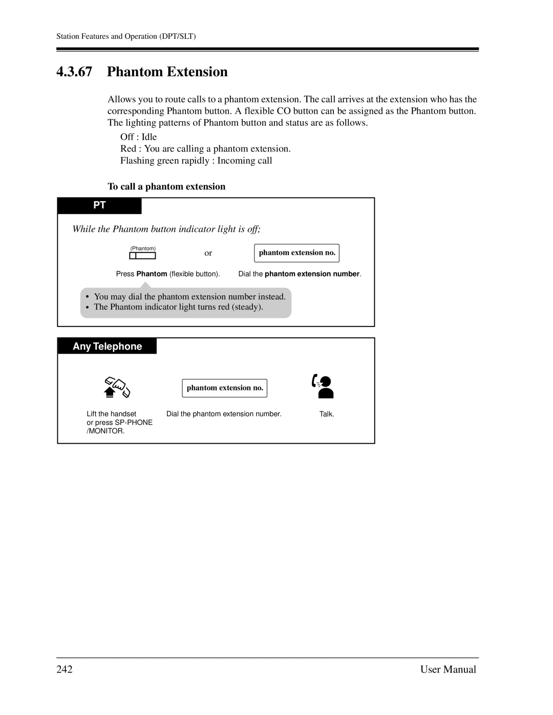 Panasonic KX-TD1232C Phantom Extension, 242, To call a phantom extension, While the Phantom button indicator light is off 