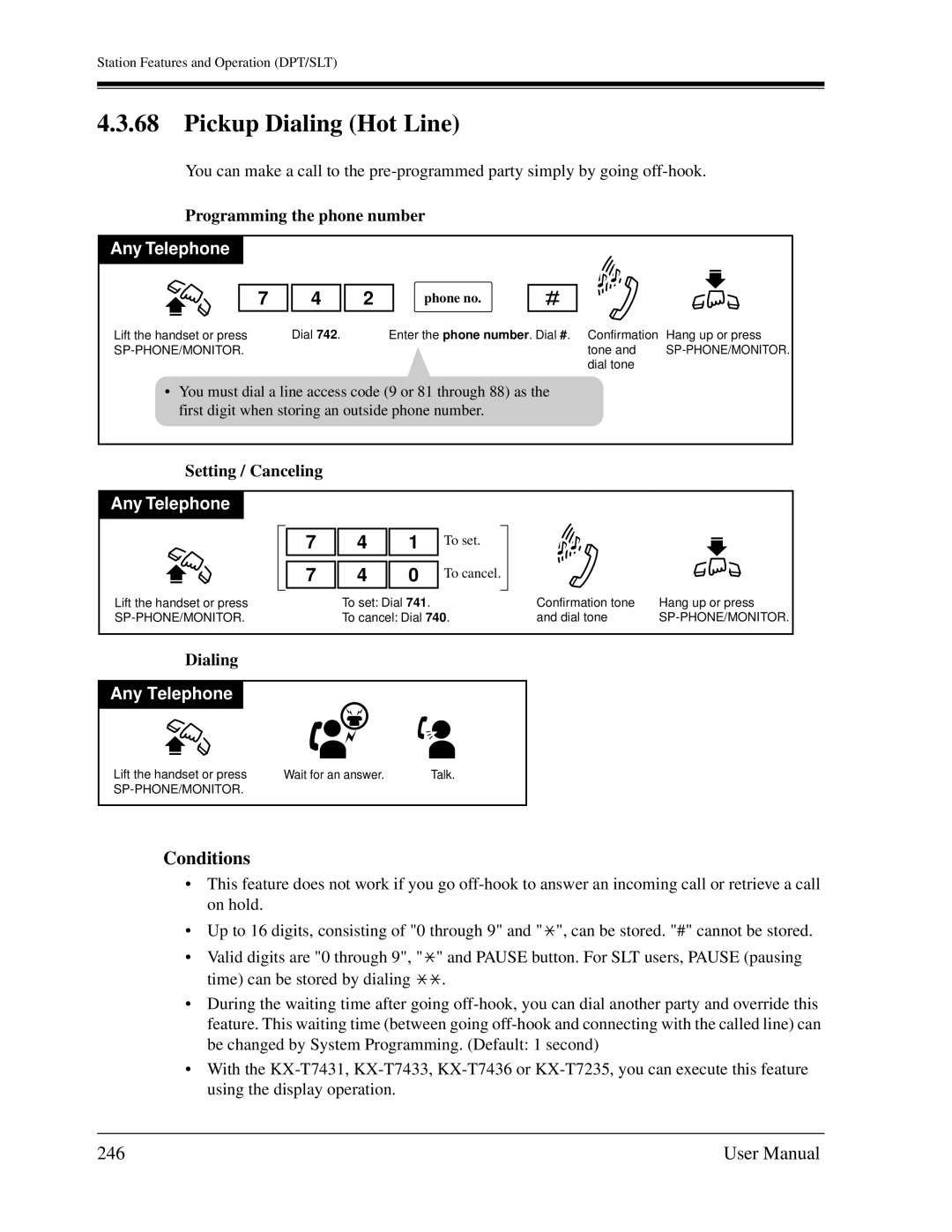 Panasonic KX-TD1232C user manual Pickup Dialing Hot Line, 246, Programming the phone number 