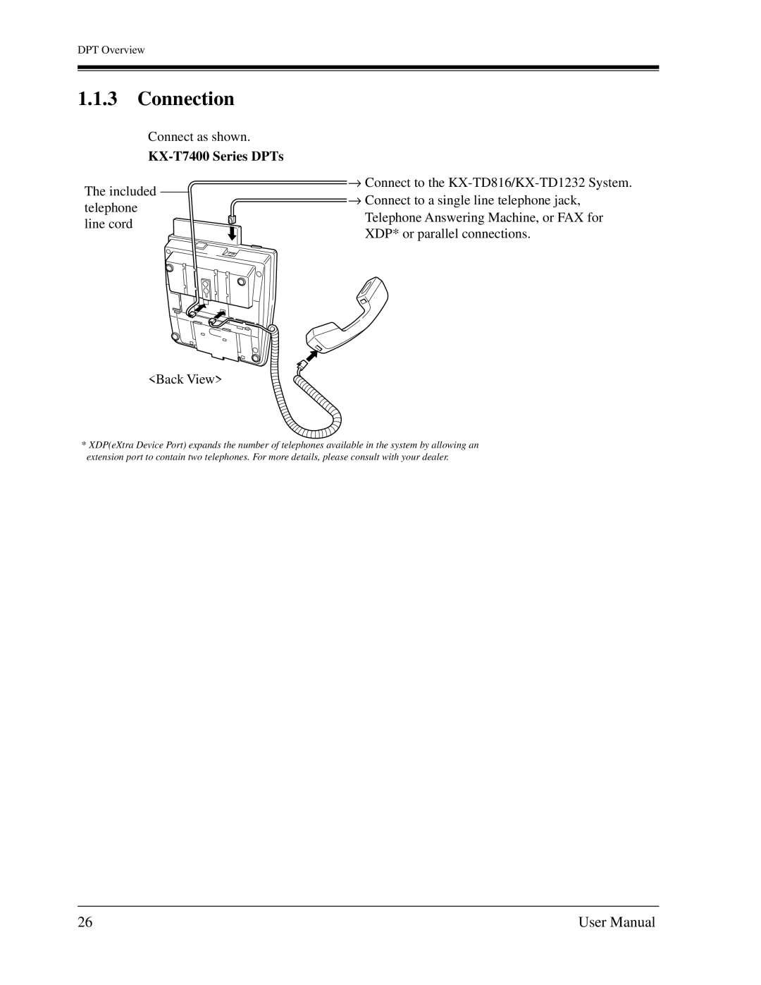 Panasonic KX-TD1232C user manual Connection, KX-T7400 Series DPTs 