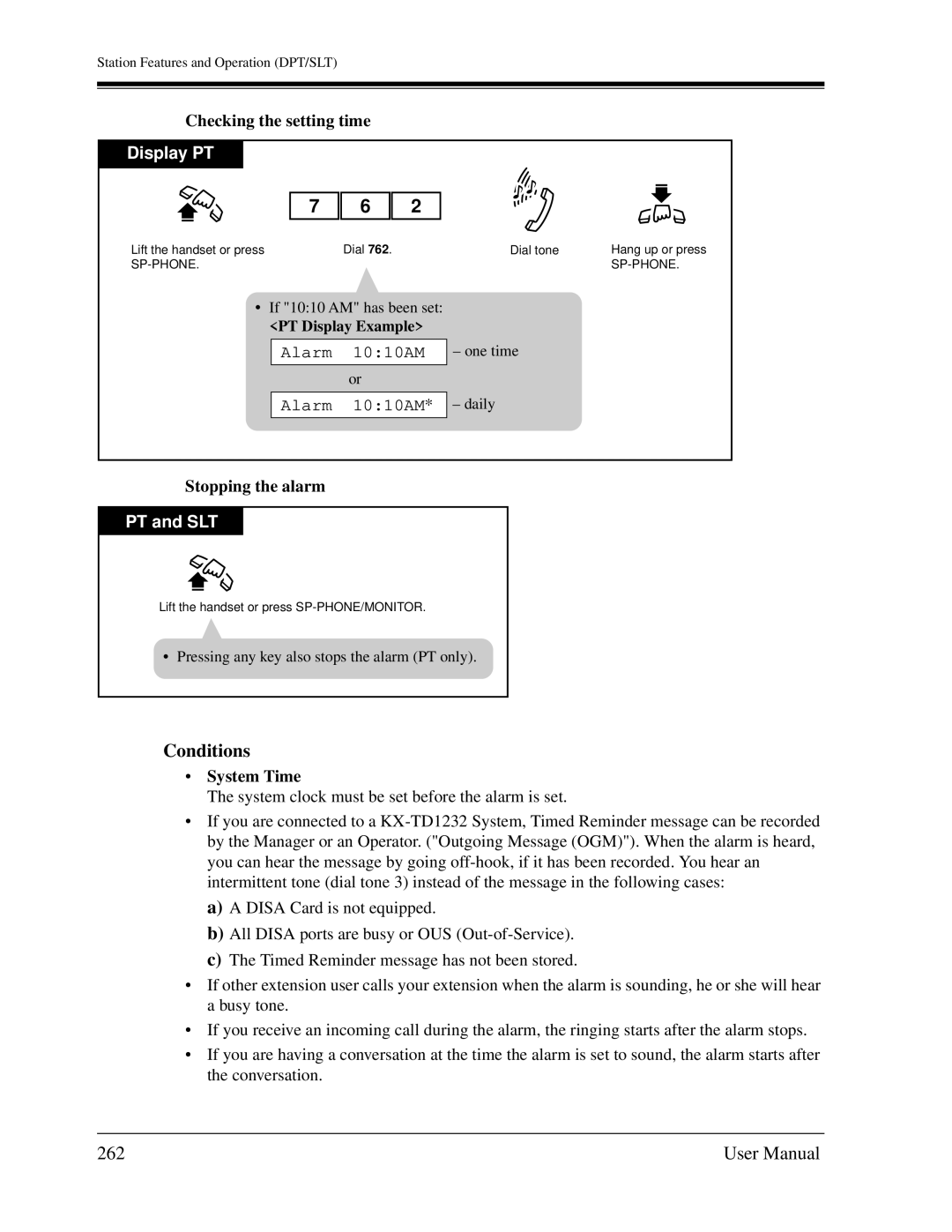 Panasonic KX-TD1232C user manual 262, Checking the setting time, Alarm 1010AM, Stopping the alarm, System Time 