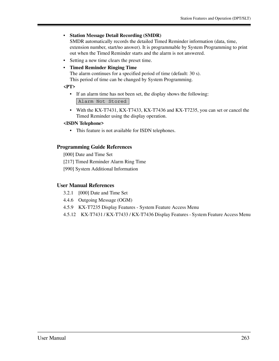 Panasonic KX-TD1232C user manual 263, Station Message Detail Recording Smdr, Timed Reminder Ringing Time, Alarm Not Stored 