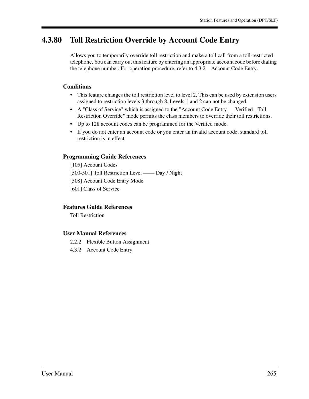 Panasonic KX-TD1232C user manual Toll Restriction Override by Account Code Entry, 265 