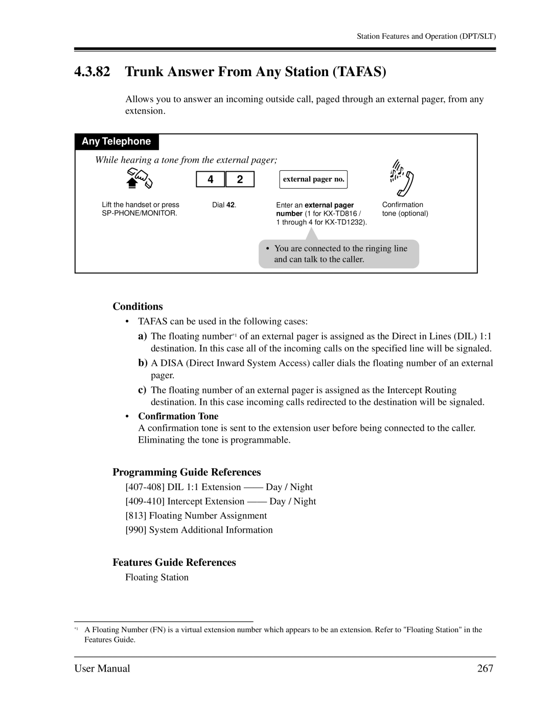 Panasonic KX-TD1232C user manual Trunk Answer From Any Station Tafas, 267, While hearing a tone from the external pager 