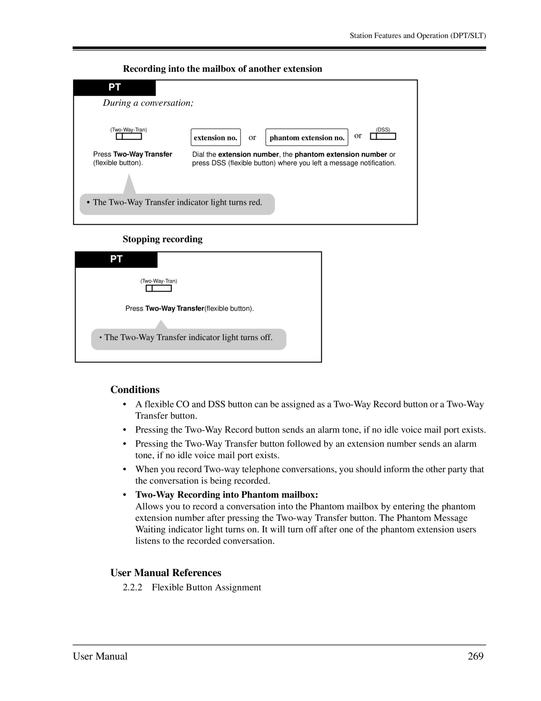 Panasonic KX-TD1232C 269, Recording into the mailbox of another extension, Two-Way Recording into Phantom mailbox 