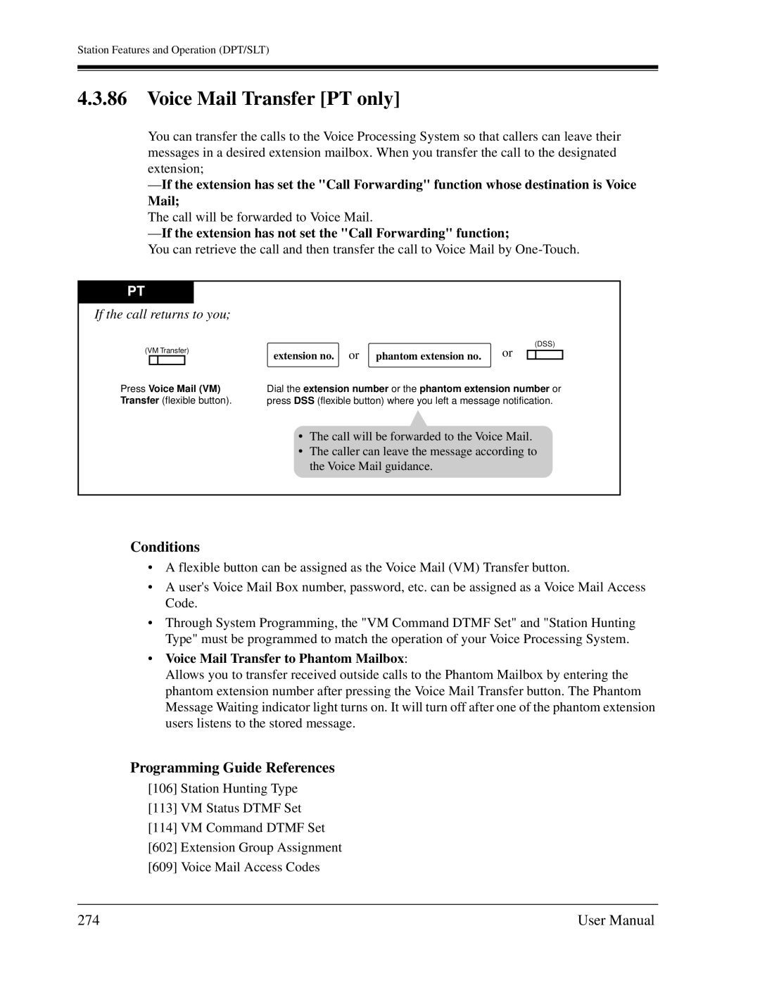 Panasonic KX-TD1232C Voice Mail Transfer PT only, 274, If the extension has not set the Call Forwarding function 